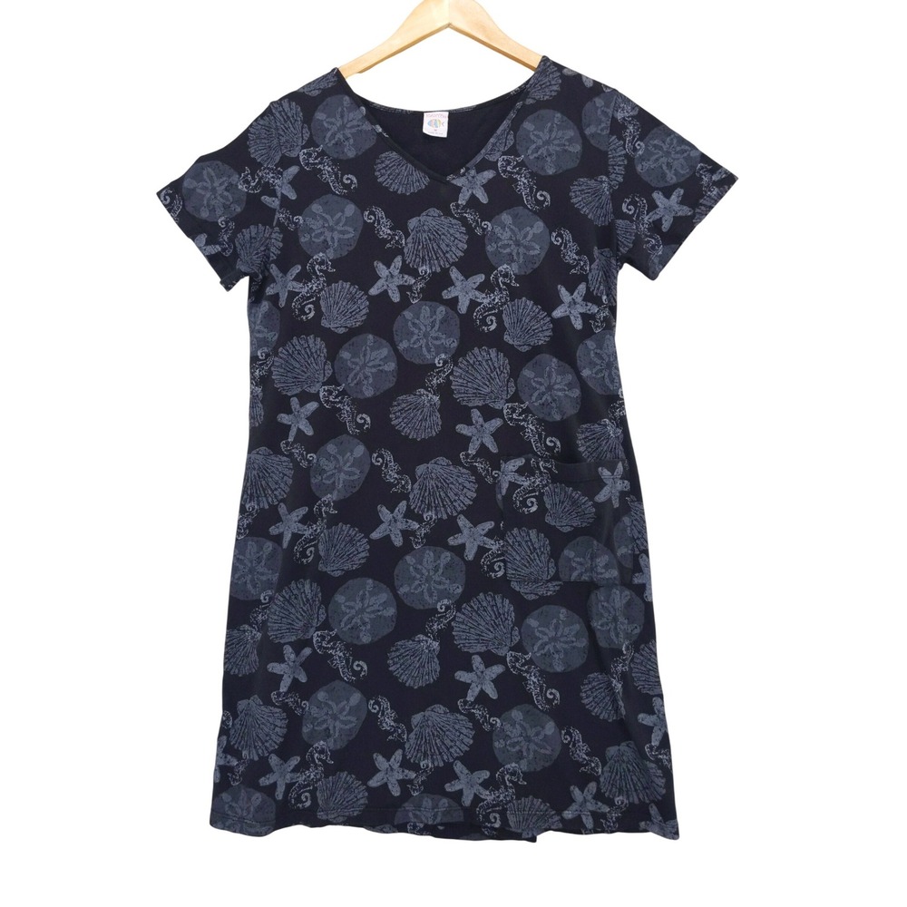 ICanToo T-Shirt Dress Womens Medium Blue Coastal Sea Life Shells V-Neck Pocket